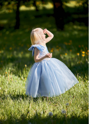 One Shoulder Blue Ivory Flower Girl Dress